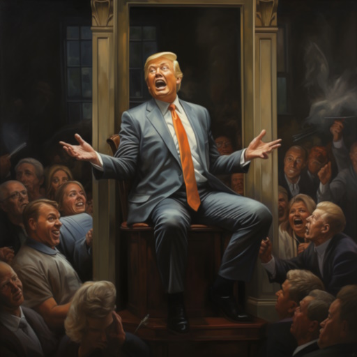 Portrait of a would-be despot, a crooked, narcissistic businessman, his thinning blond hair in a combover, with a fake tan, who became a politician mainly for self-glorification, preaching a populist message to a crowd of adoring followers