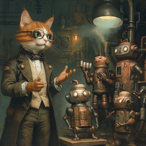 Photo-quality depiction of a bespectacled Victorian-era gentlecat scientist, beaming with pride, talking to a sycophantic group of adoring small steampunk robots.
